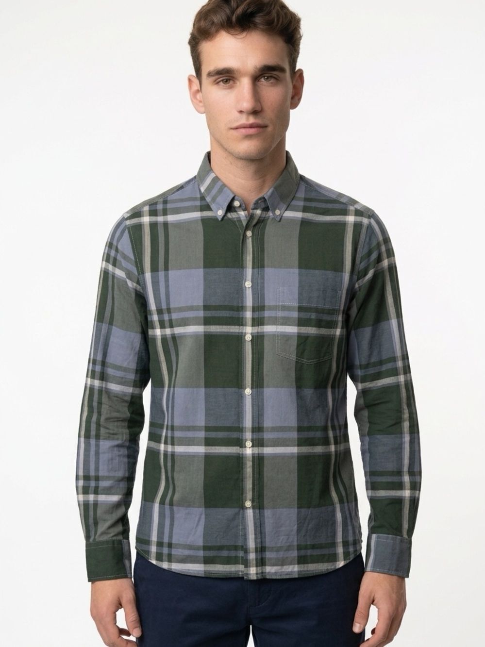 OFFICINE GENERALE | Green and Blue Plaid Button Down Shirt Men’s Size Medium